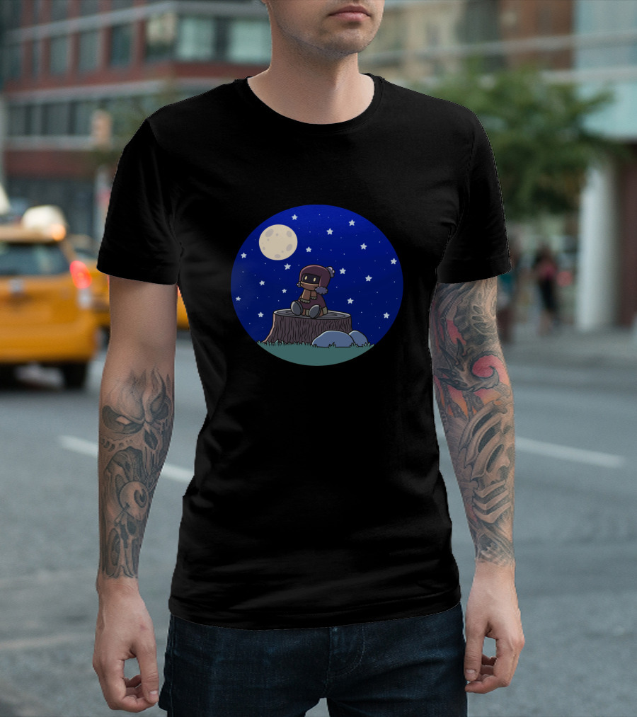 Moonlit Night Star Gazing with Cozy Character on Tree Stump T-Shirt