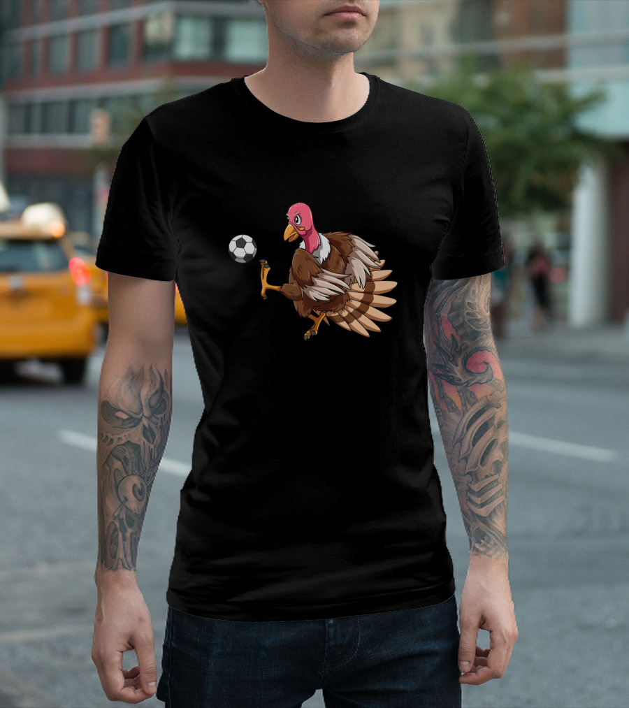 Thanksgiving Turkey Kicking Soccer Ball Playful Holiday Soccer T-Shirt