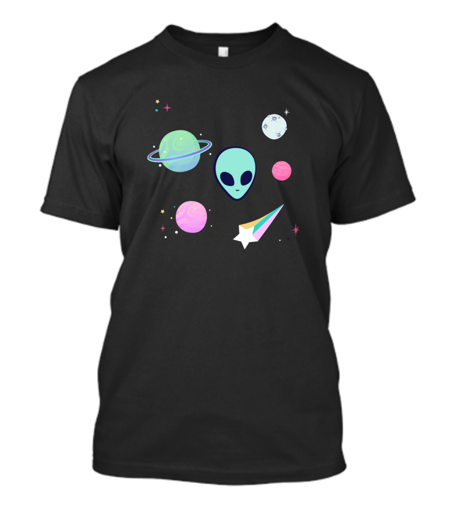 UFO Alien Face Stars And Planets With Shooting Star T-Shirt