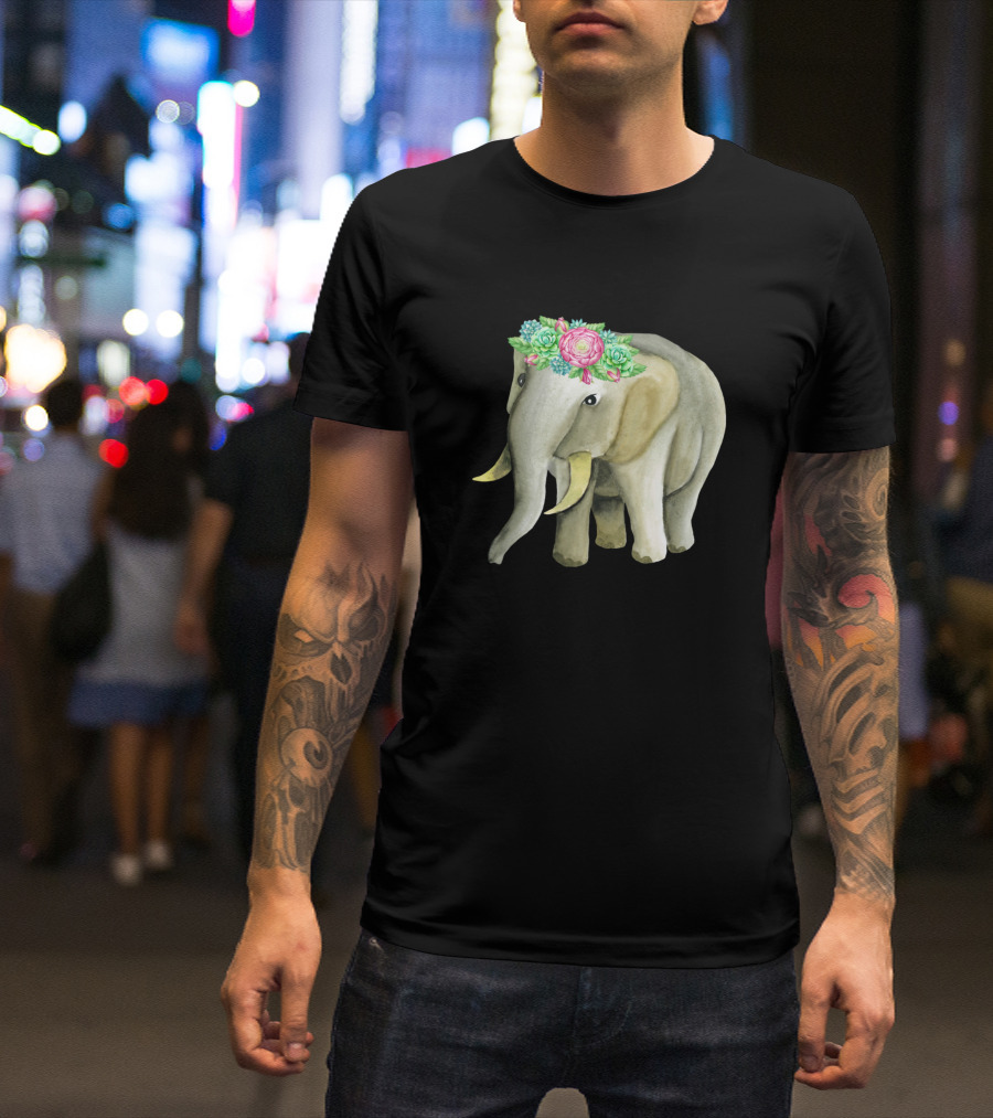Watercolor Elephant With Floral Crown T-Shirt