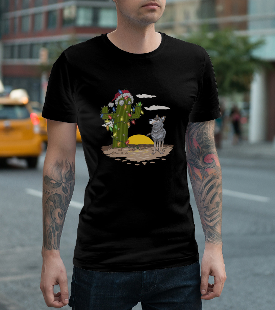 A Christmas Cactus with Festive Lights and Wolf Desert Scene T-Shirt