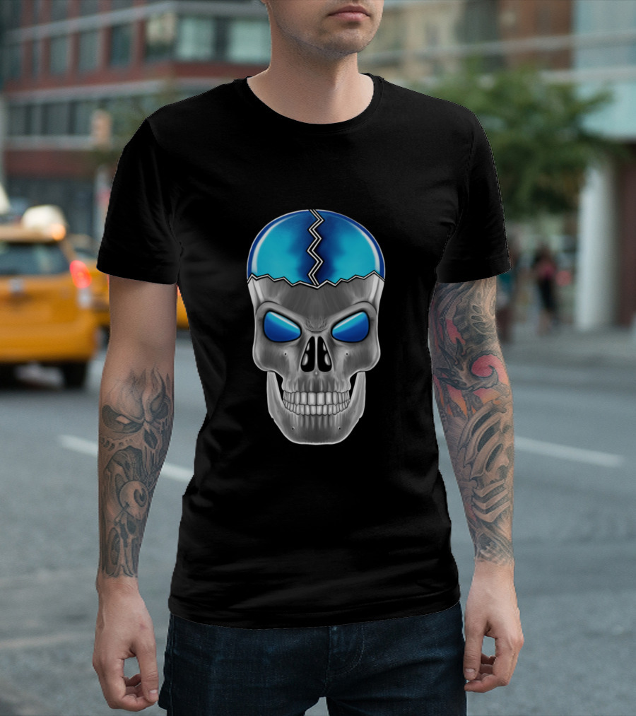 Blue Skull Cracked Metallic Design with Electric Eyes T-Shirt