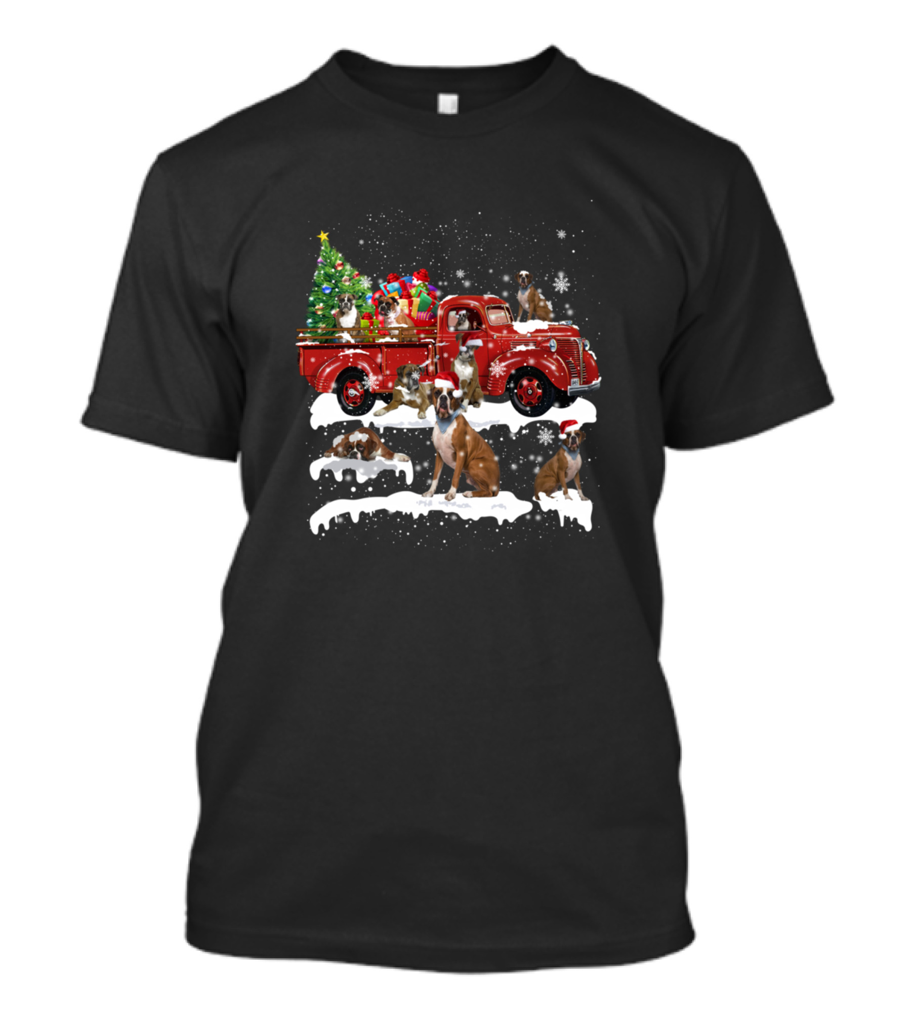 Boxer Puppies Christmas Red Truck With Tree And Presents Snowflakes T-Shirt