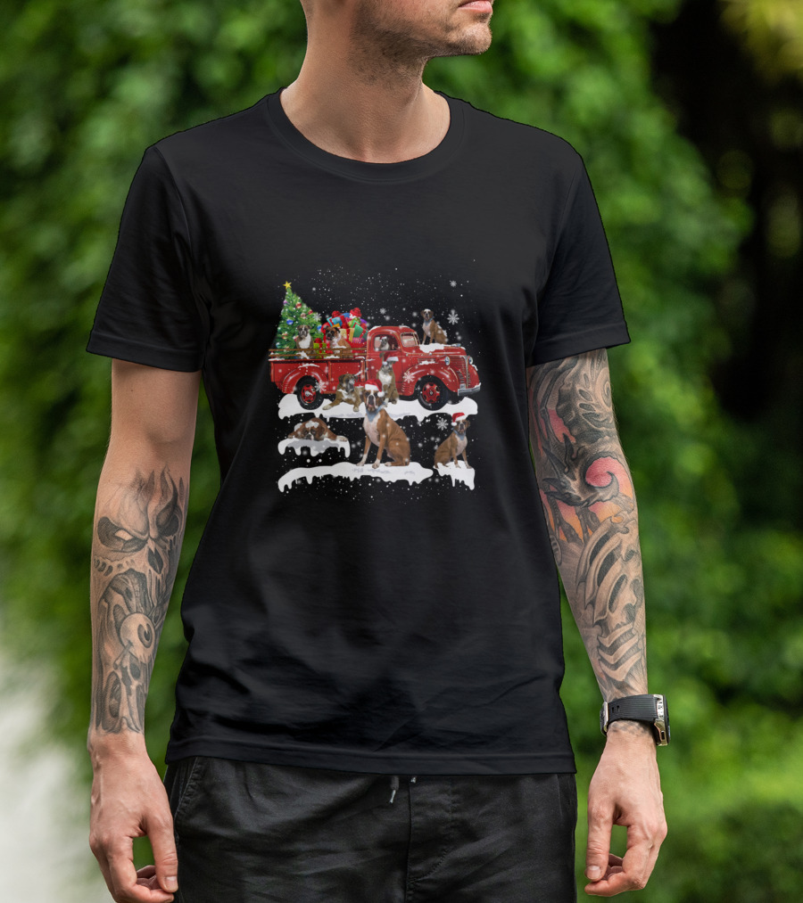 Boxer Puppies Christmas Red Truck With Tree And Presents Snowflakes T-Shirt