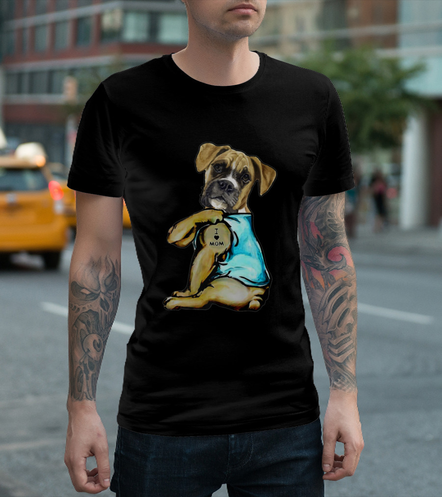 Boxer Dog I Love Mom Tattoo Blue T-Shirt