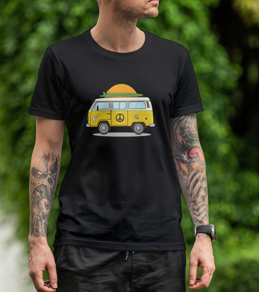Hippie Retro Van Surf Peace Guitar Flower Sunset T-Shirt