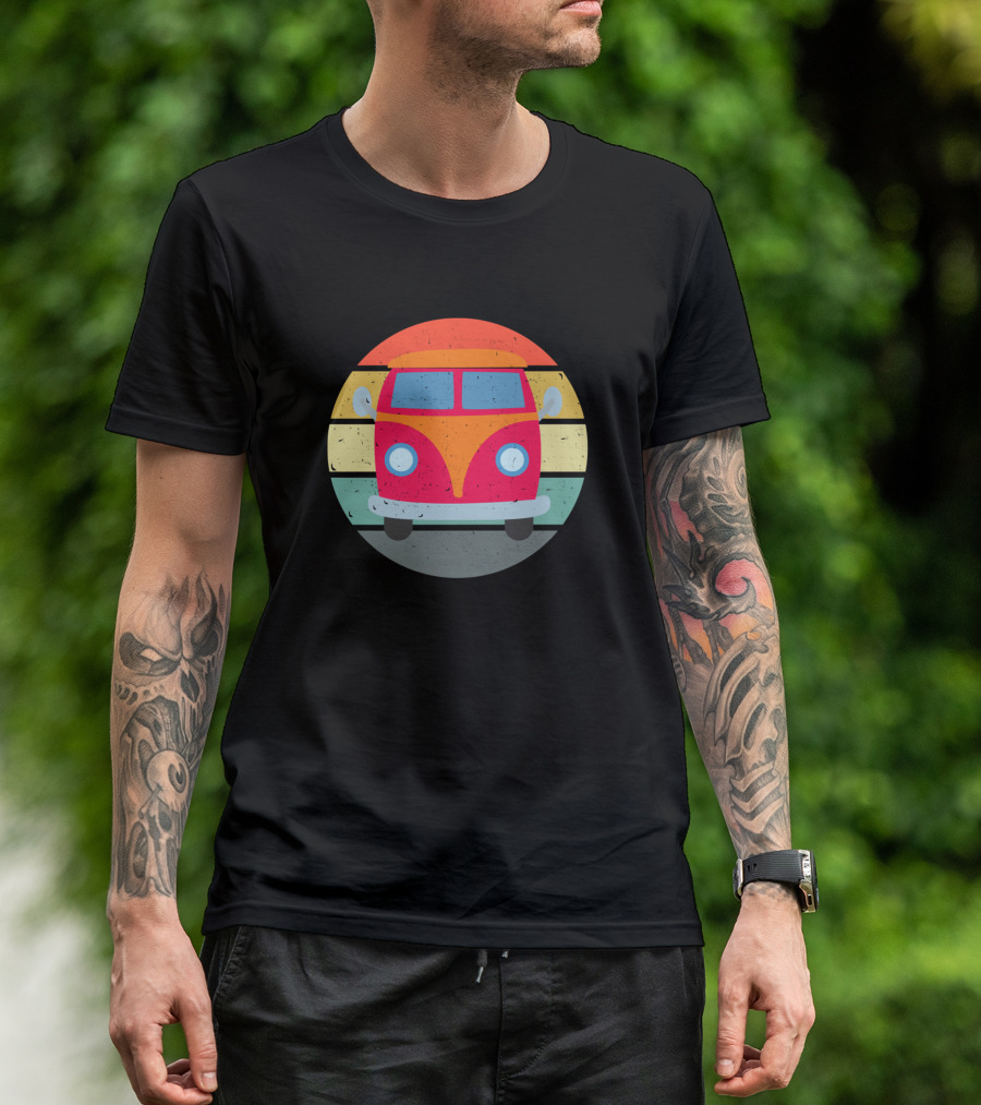 Hippie Retro Minibus Vintage Retro Minivan With Sun Circle Background T-Shirt