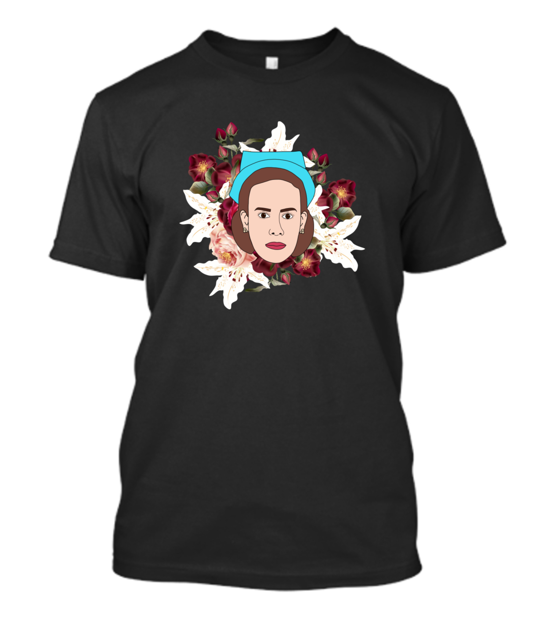 Mildred Floral Portrait With Blue Headscarf T-Shirt