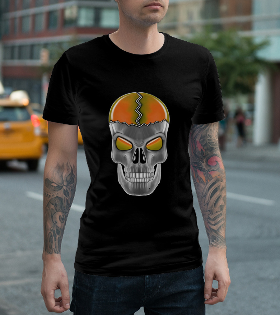 Orange Cracked Skull With Silver Teeth And Green Eyes T-Shirt