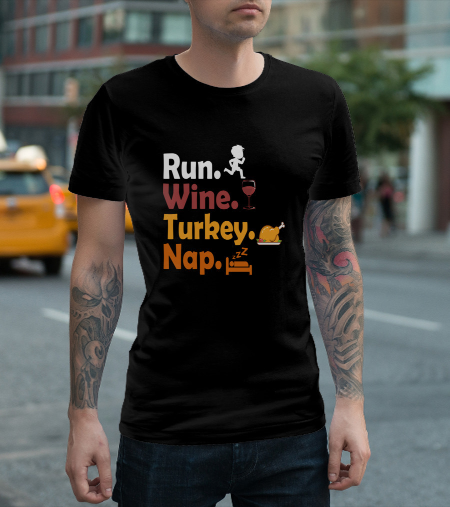 Run Wine Turkey Nap Running Wine Glass Turkey Bed Icons T-Shirt
