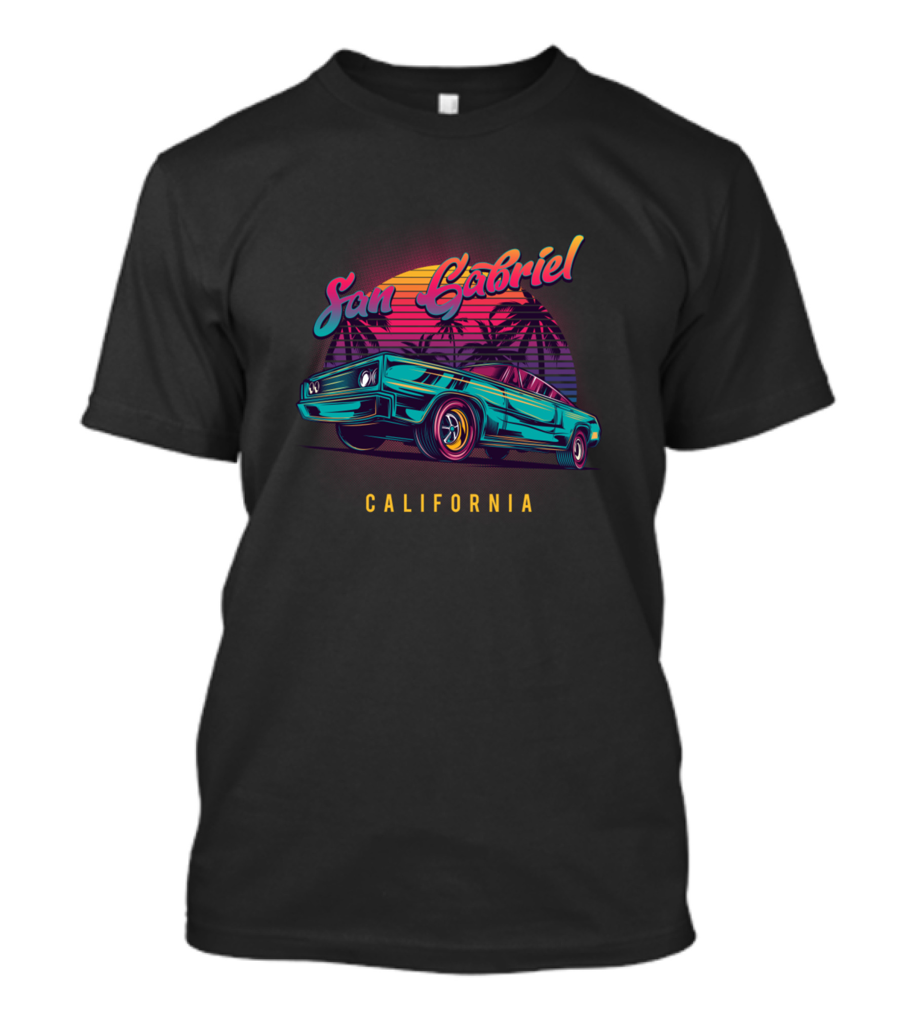 San Gabriel California Retro Vintage Car With Palm Trees And Sunset T-Shirt