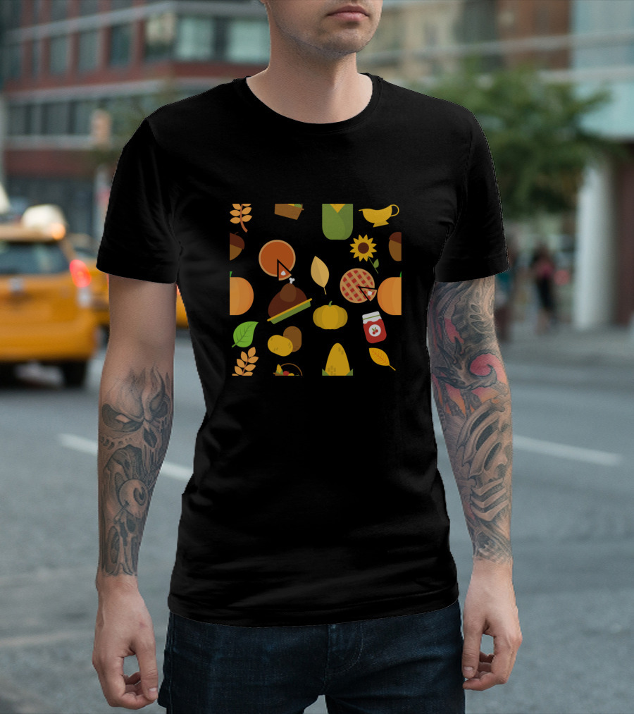 Thanksgiving Autumn Harvest And Pumpkin Pie Feast Icons T-Shirt