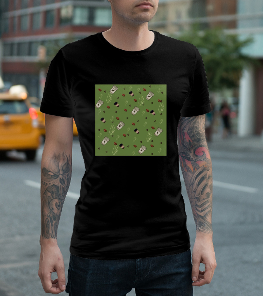 Coffee Cups and Beans Green Leaf T-Shirt
