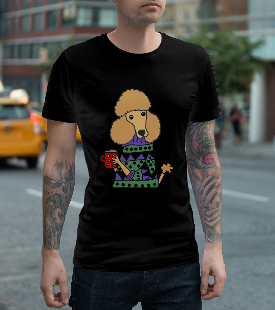 Cute Apricot Miniature Poodle Holding Coffee Mug in Colorful T-Shirt