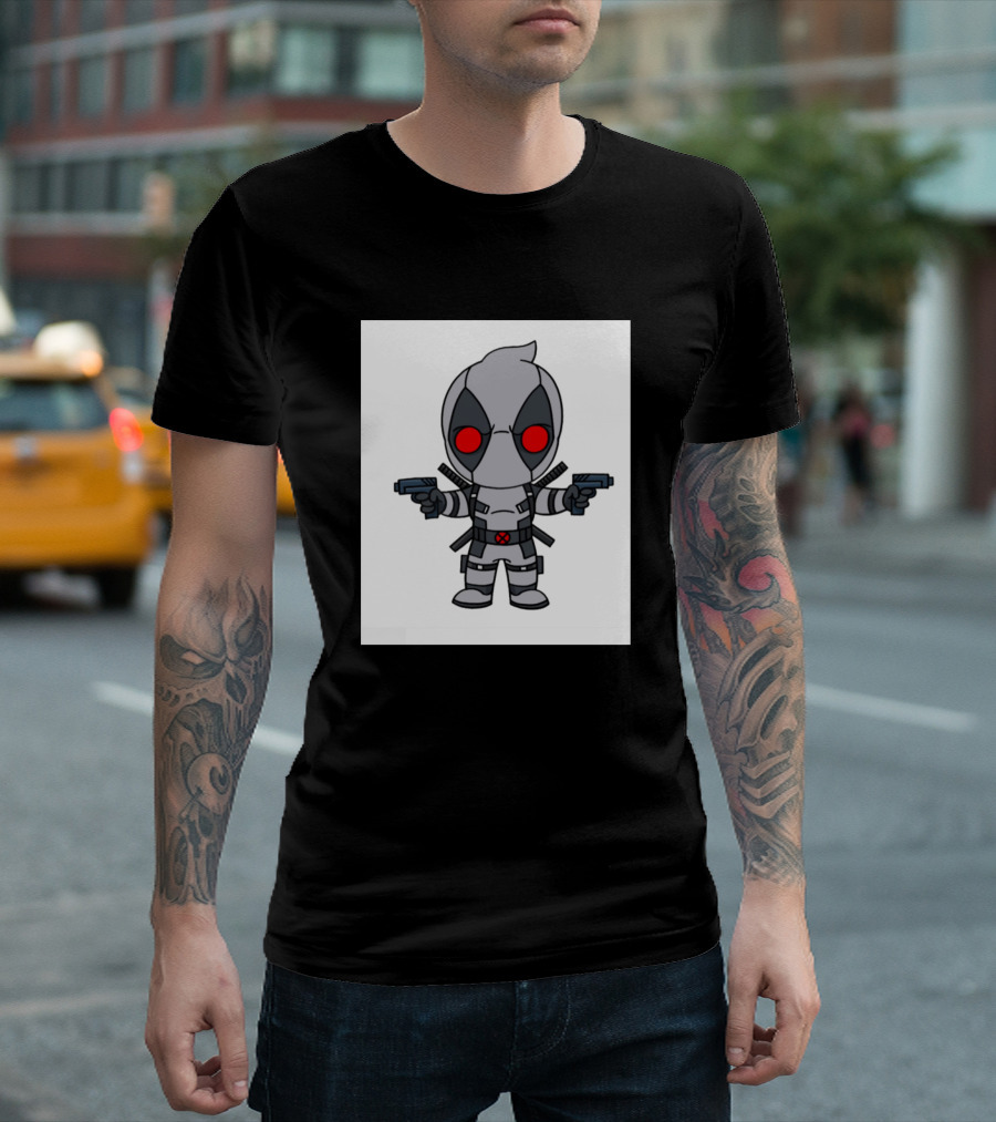 Deadpool X Force Chibi Style With Red Eyes And Dual Guns T-Shirt