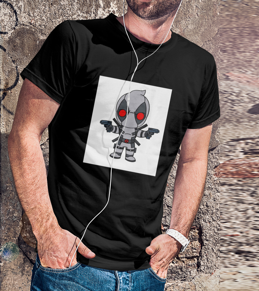 Deadpool X Force Chibi Style With Red Eyes And Dual Guns T-Shirt