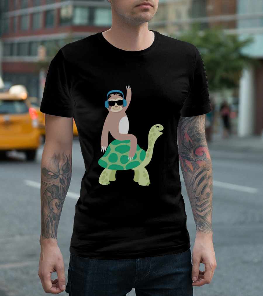 Funny Lazy Sloth with Headphones Riding Sea Turtle Hona T-Shirt