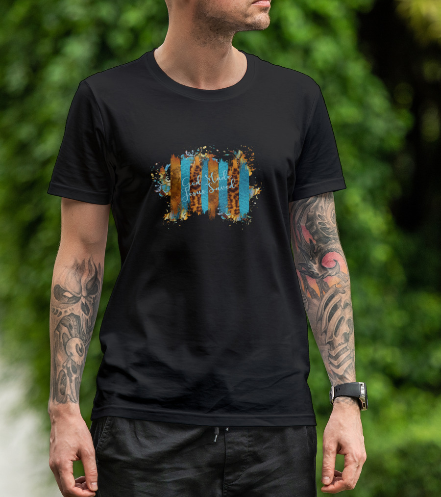 God Made Jesus Saved Turquoise Cheetah Print Stripes T-Shirt