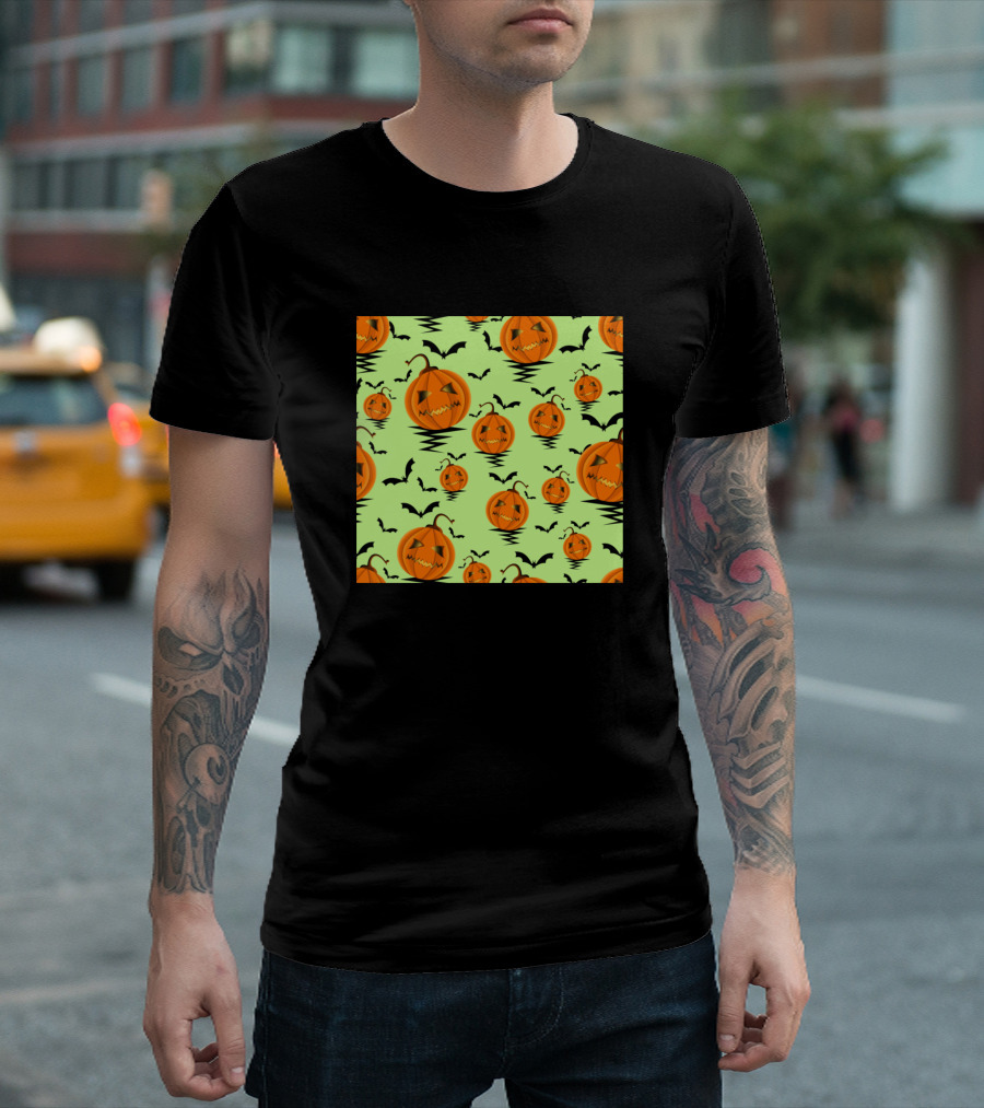 Halloween Pumpkins and Bats on Green Background T-Shirt