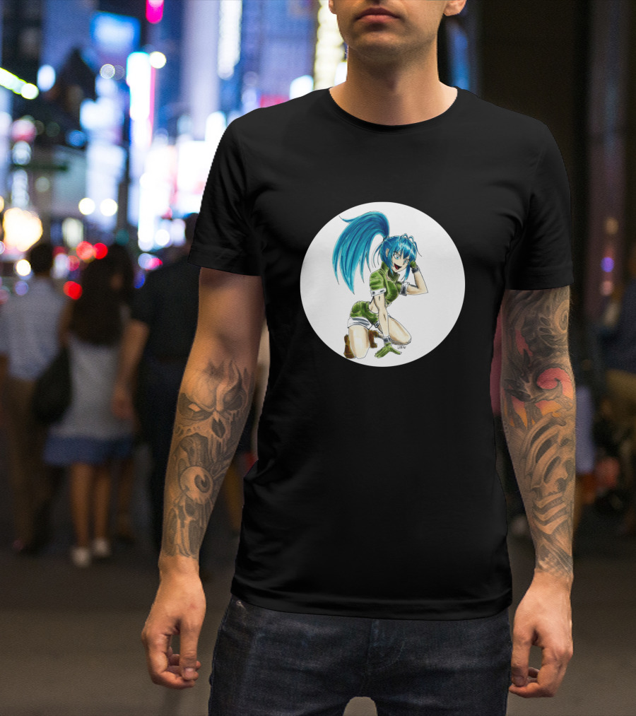 Leona Heidern The Military Leader In KOF With Blue Hair And Green T-Shirt