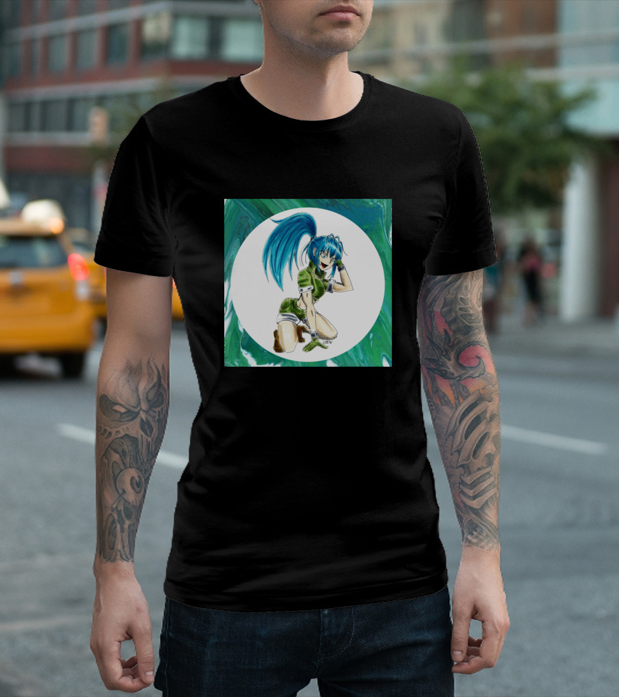 Leona The Riot Of The Blood In KOF Character Artwork with Blue Hair and Green T-Shirt