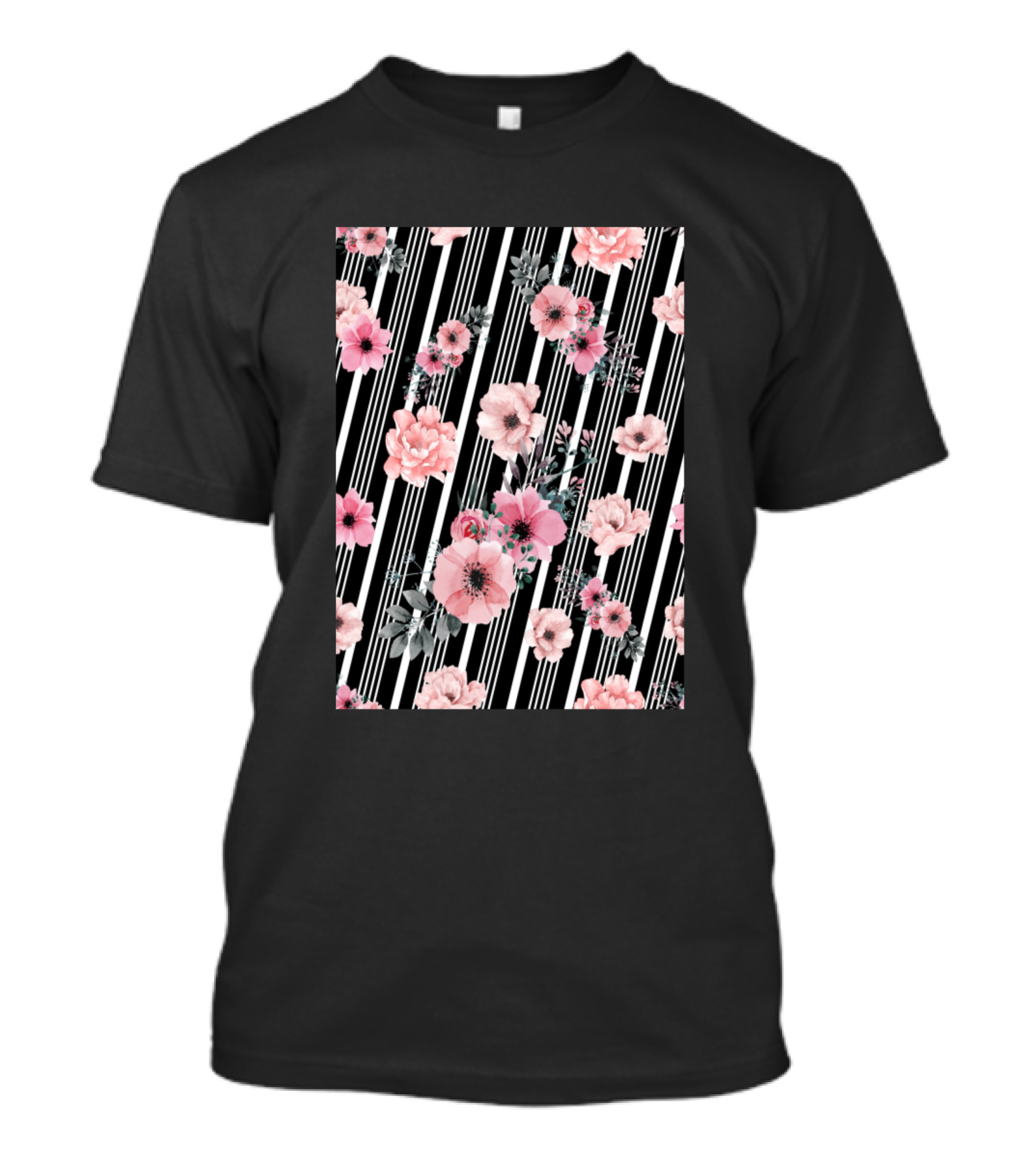 Pink Flowers On Black And White T-Shirt