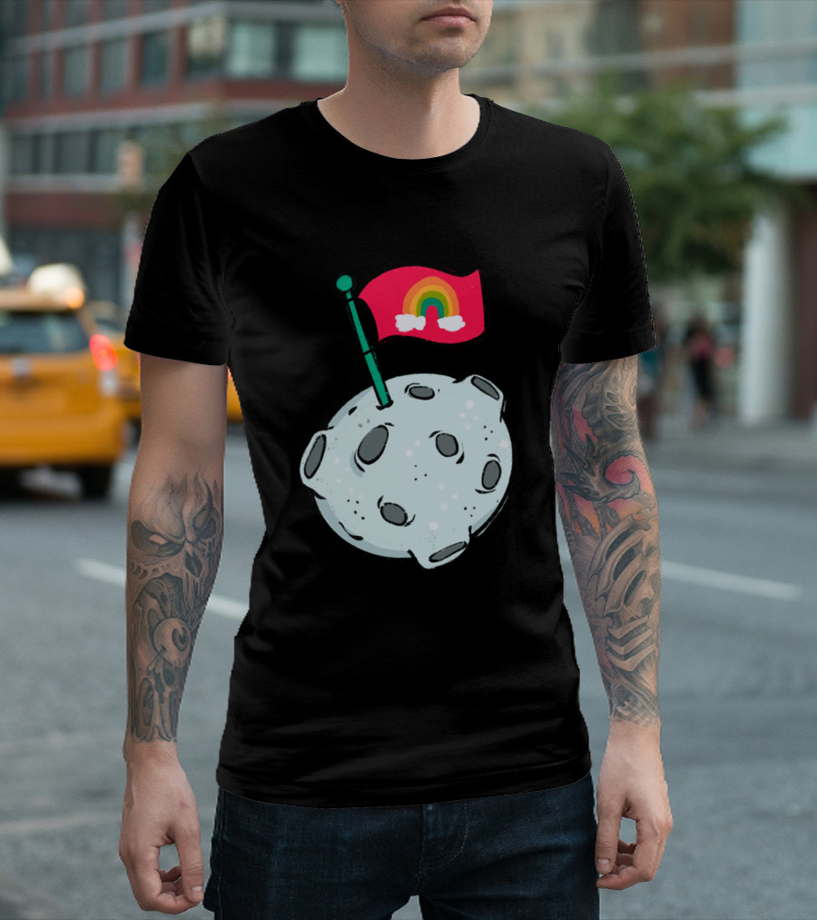 Rainbow Flag On Cratered Moon Surface T-Shirt