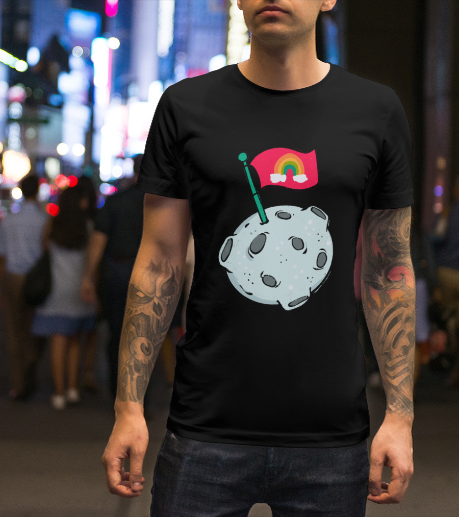 Rainbow Flag On Cratered Moon Surface T-Shirt
