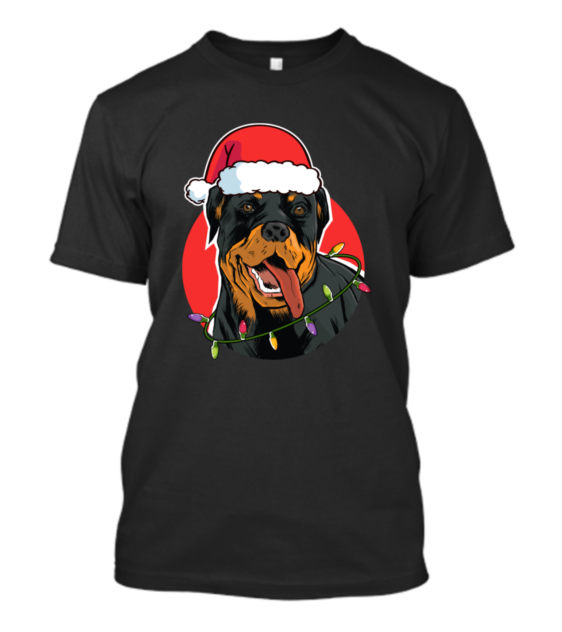 Rottweiler Santa Hat Wrapped In Christmas Tree Lights T-Shirt