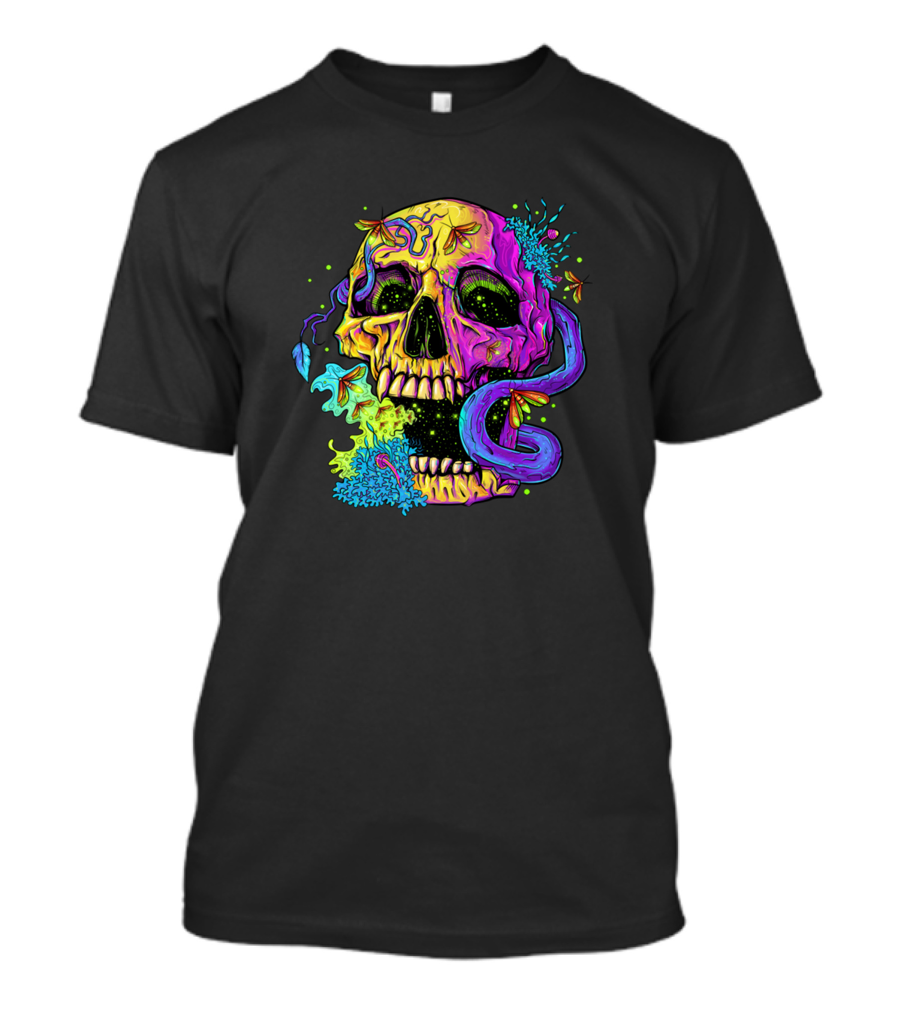 Skull Home Of Fireflies Psychedelic Neon Art With Snake And Foliage Elements T-Shirt