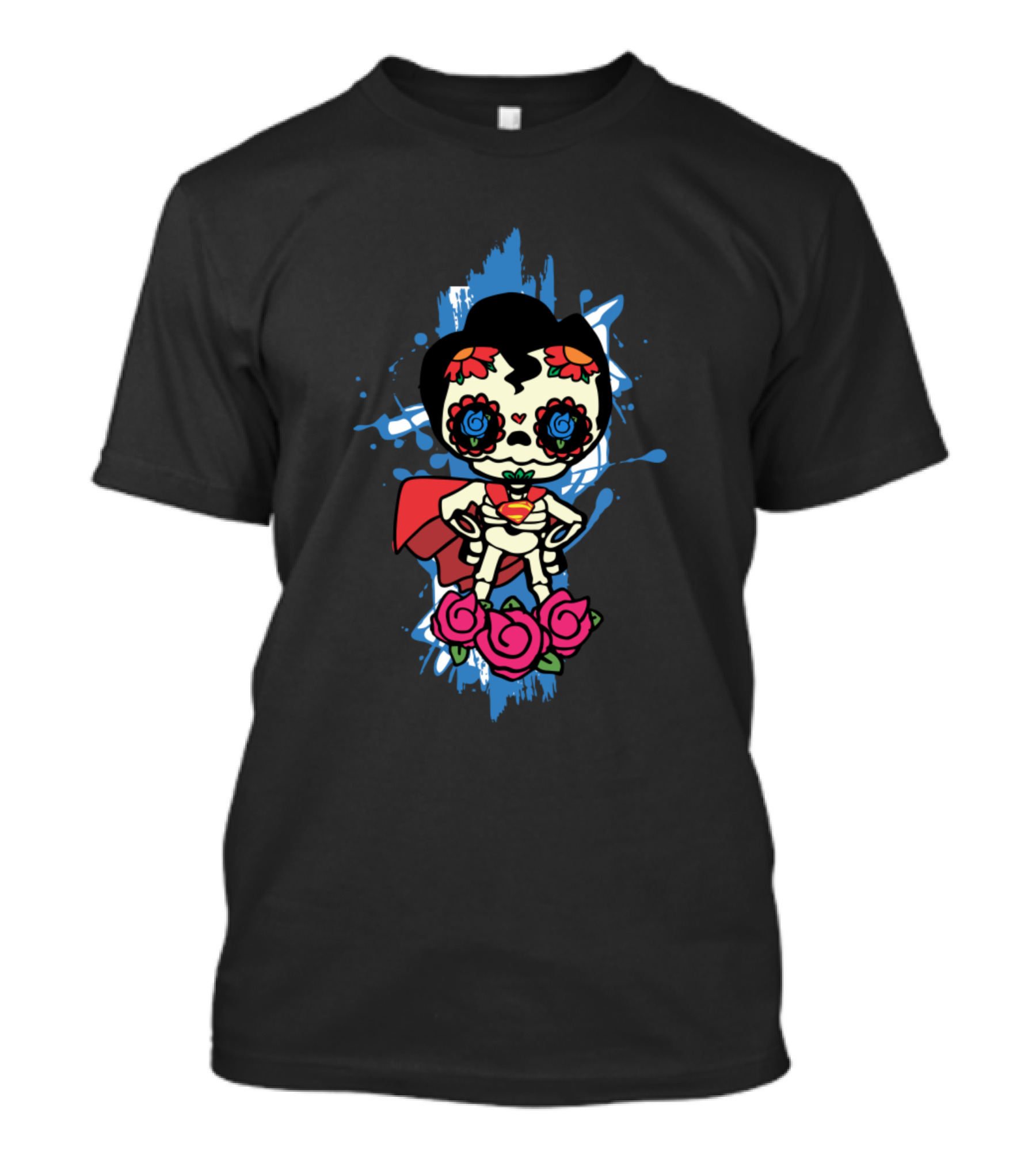 Superman Dia De Los Muertos Sugar Skull Roses Cape Animation T-Shirt