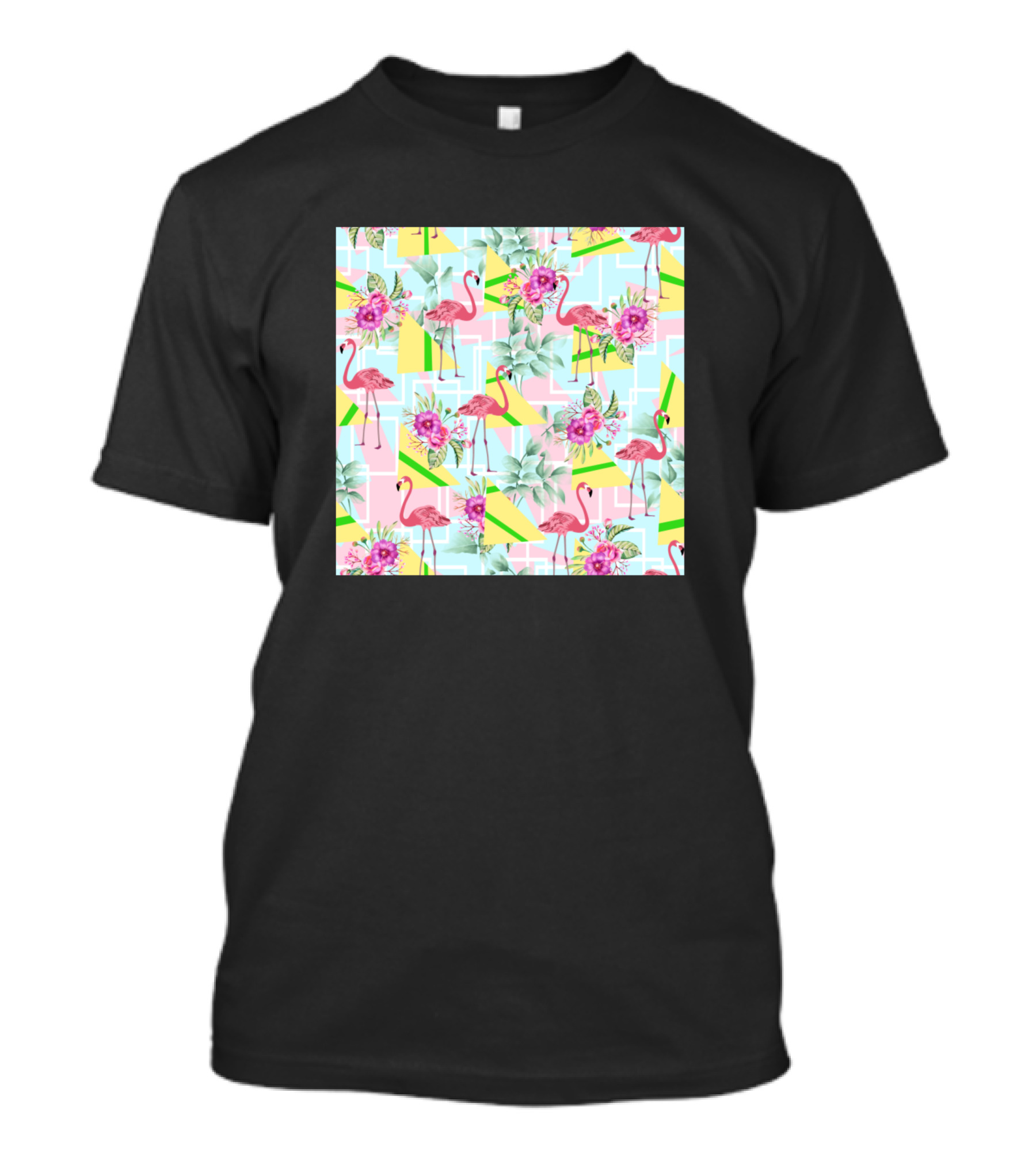 Flamingo Floral Tropical Pattern With Leaves And Geometric Shapes T-Shirt