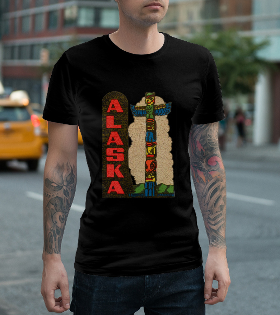 Alaska Totem Pole Vertical Text with Traditional Native American Totem T-Shirt