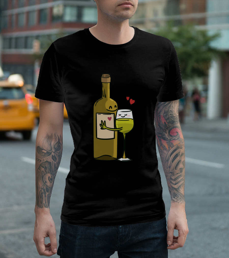 Champagne Lovers Happy Bottle Hugging Glass with Hearts T-Shirt