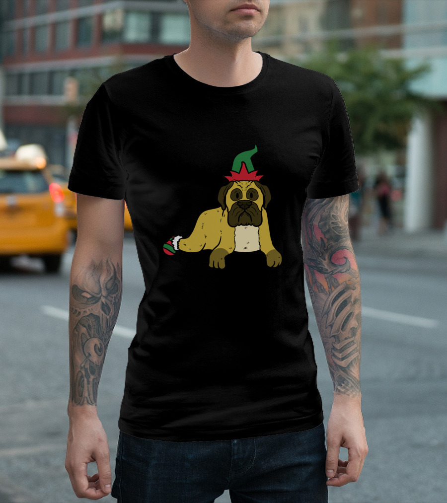 Elfmastiff Dog in Festive Elf Hat and Sock T-Shirt