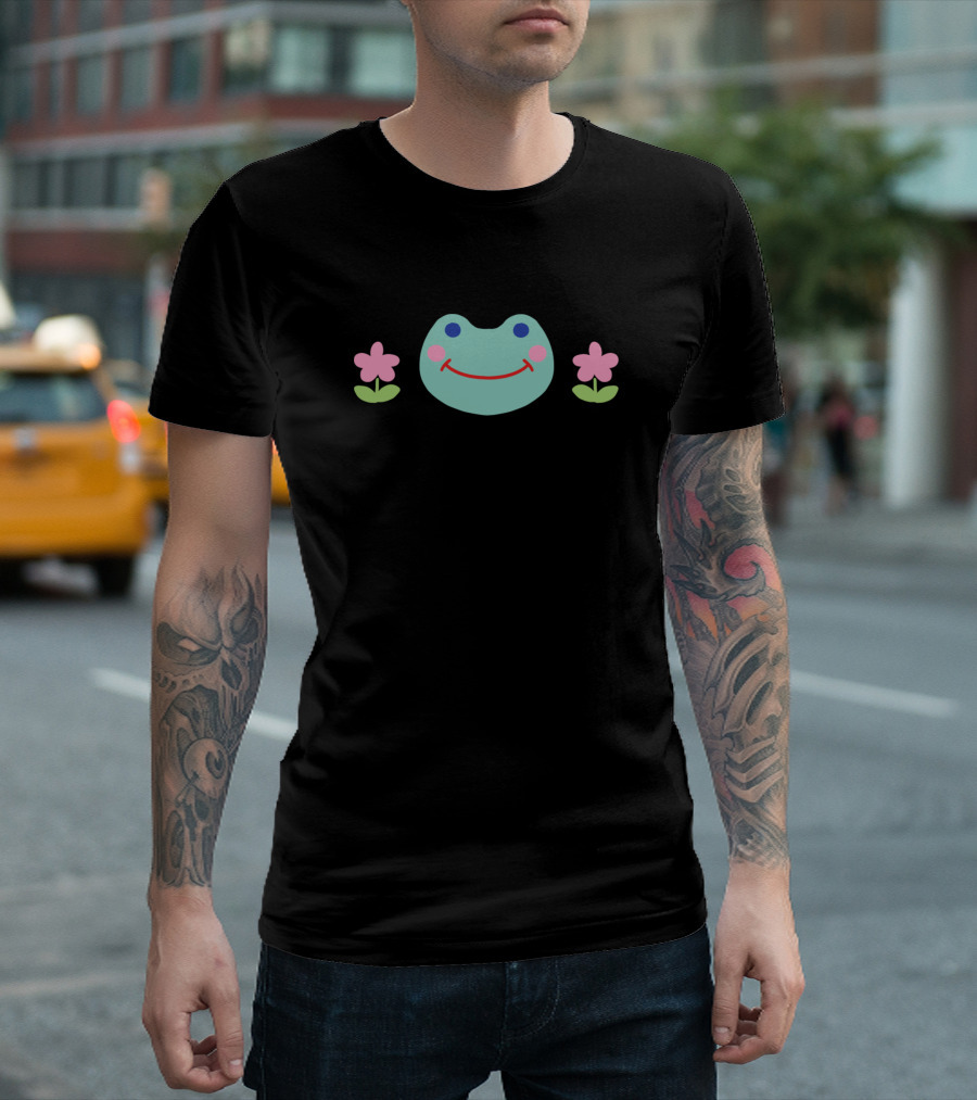 Froggay2 Smiling Frog Face with Pink Flowers T-Shirt