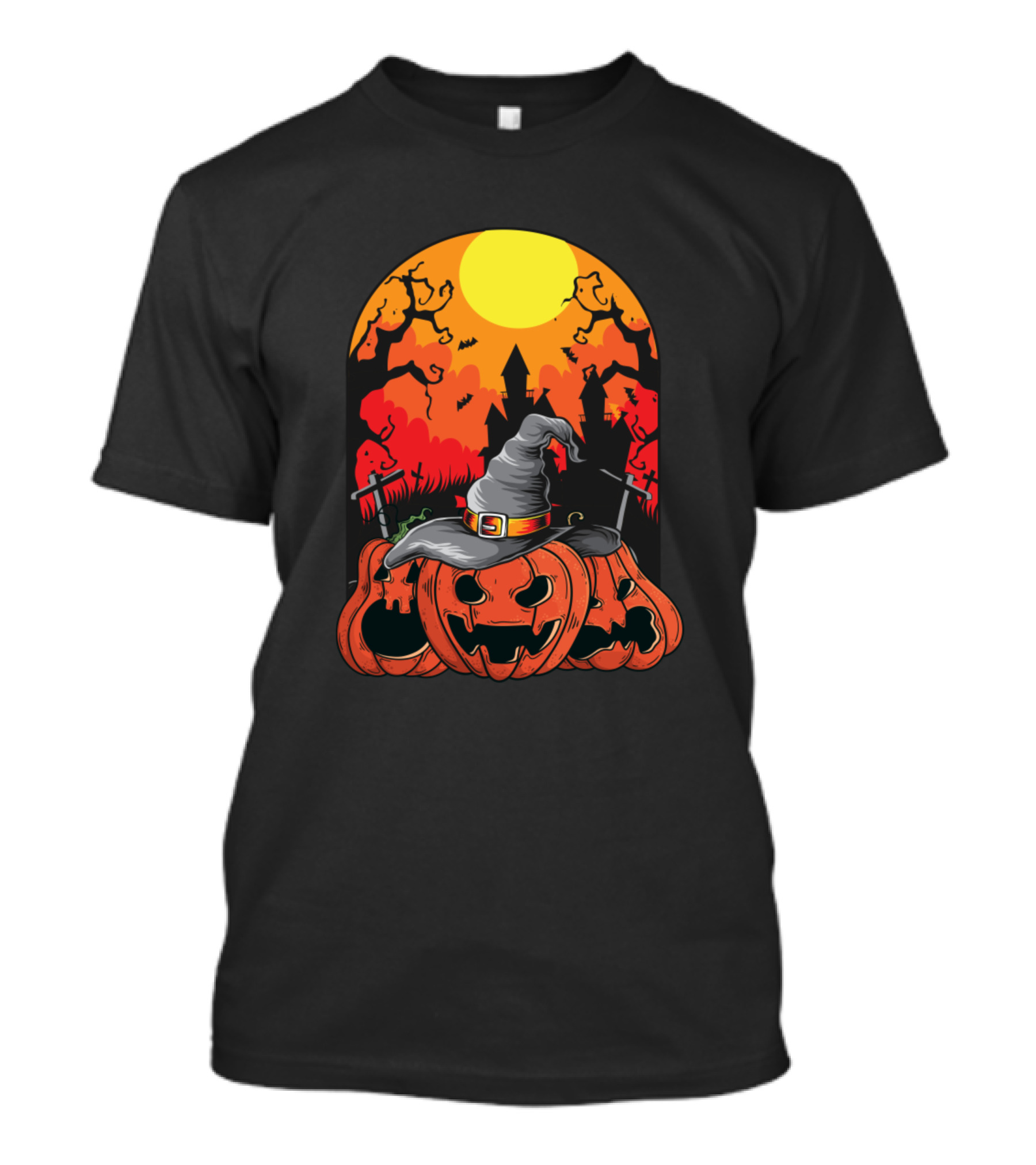 Halloween Pumpkin Spooky Witch Hat Haunted Castle Night Sky T-Shirt