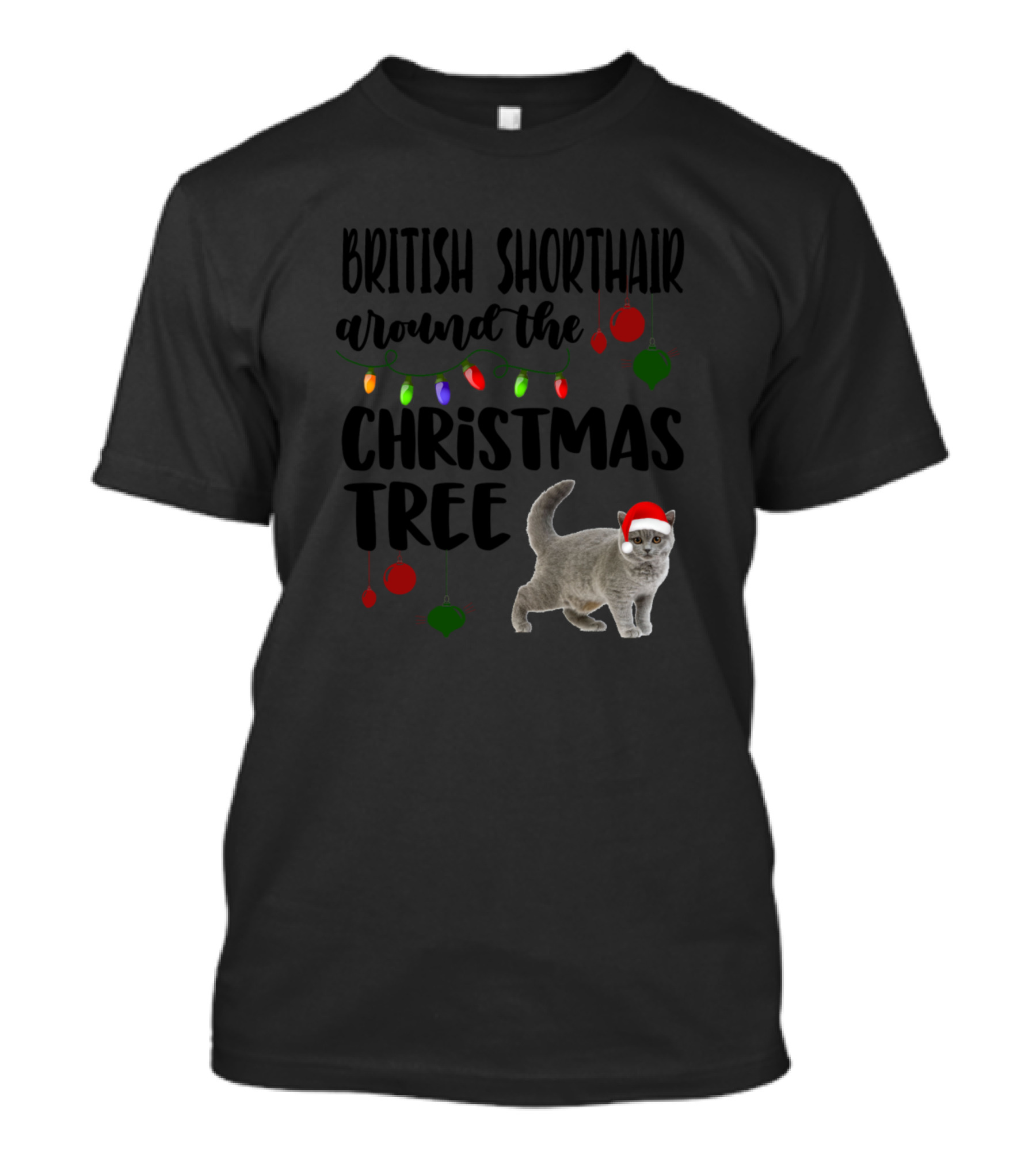 British Shorthair Around The Christmas Tree With Festive Lights And Ornaments T-Shirt