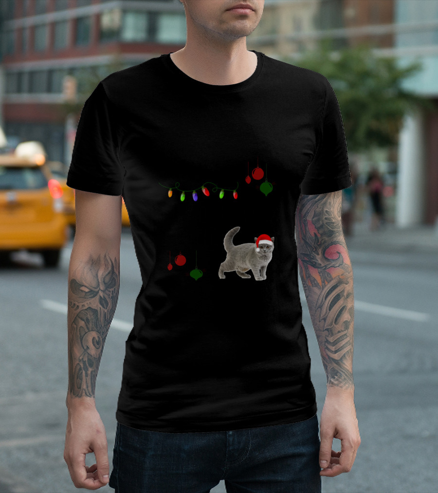 British Shorthair Around The Christmas Tree With Festive Lights And Ornaments T-Shirt