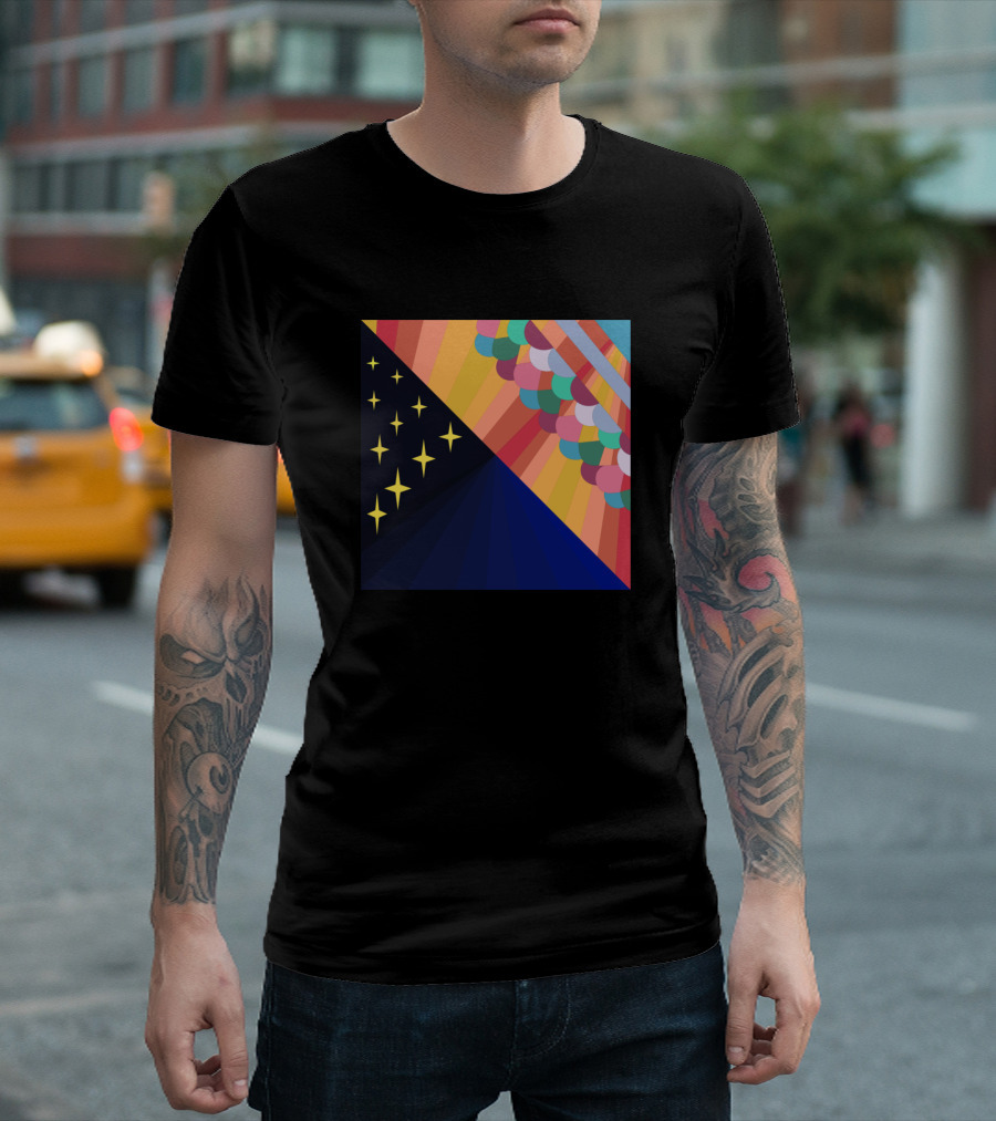 Art Deco Bright Sunrays Colorful Clouds Night Scene Stars T-Shirt