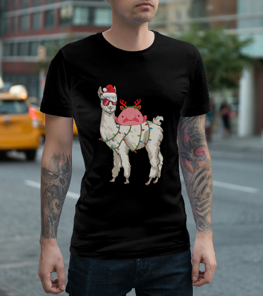 Blobfish Riding Llama Wearing Santa Hat and Christmas Lights T-Shirt
