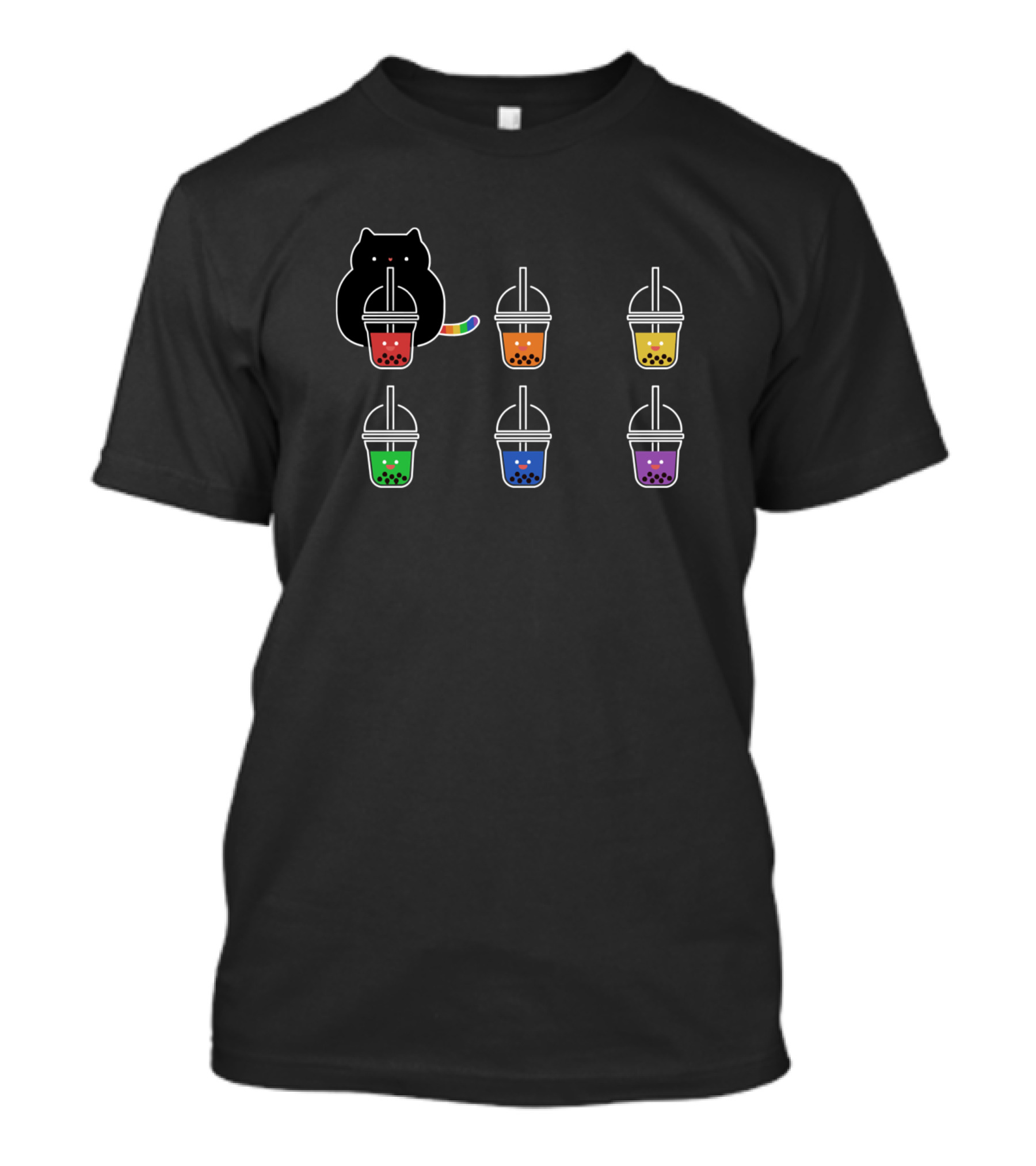 Black Cat Kawaii With Rainbow Bubble Boba Milk Drinks T-Shirt