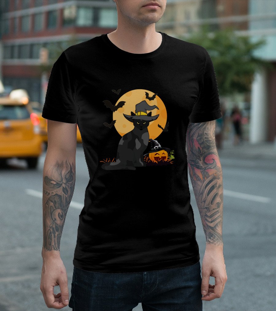 Halloween Cat Witch Hat Pumpkin Bats Haunted Moon Kitty T-Shirt