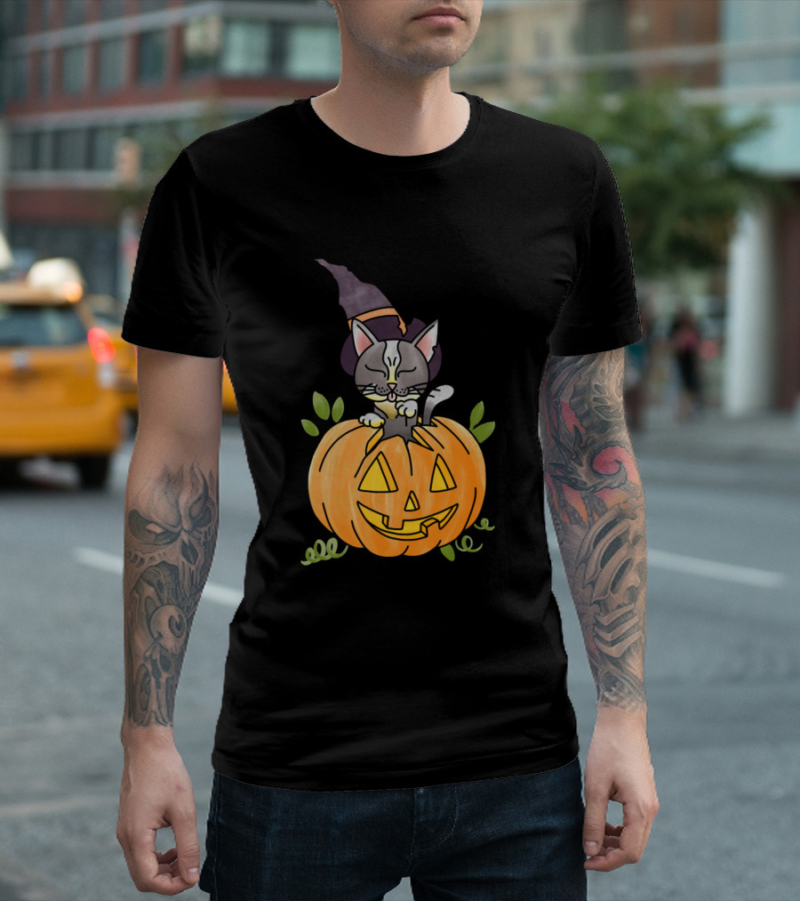 Cats Halloween Kitty Funny Cat Pumpkin Witch Hat T-Shirt