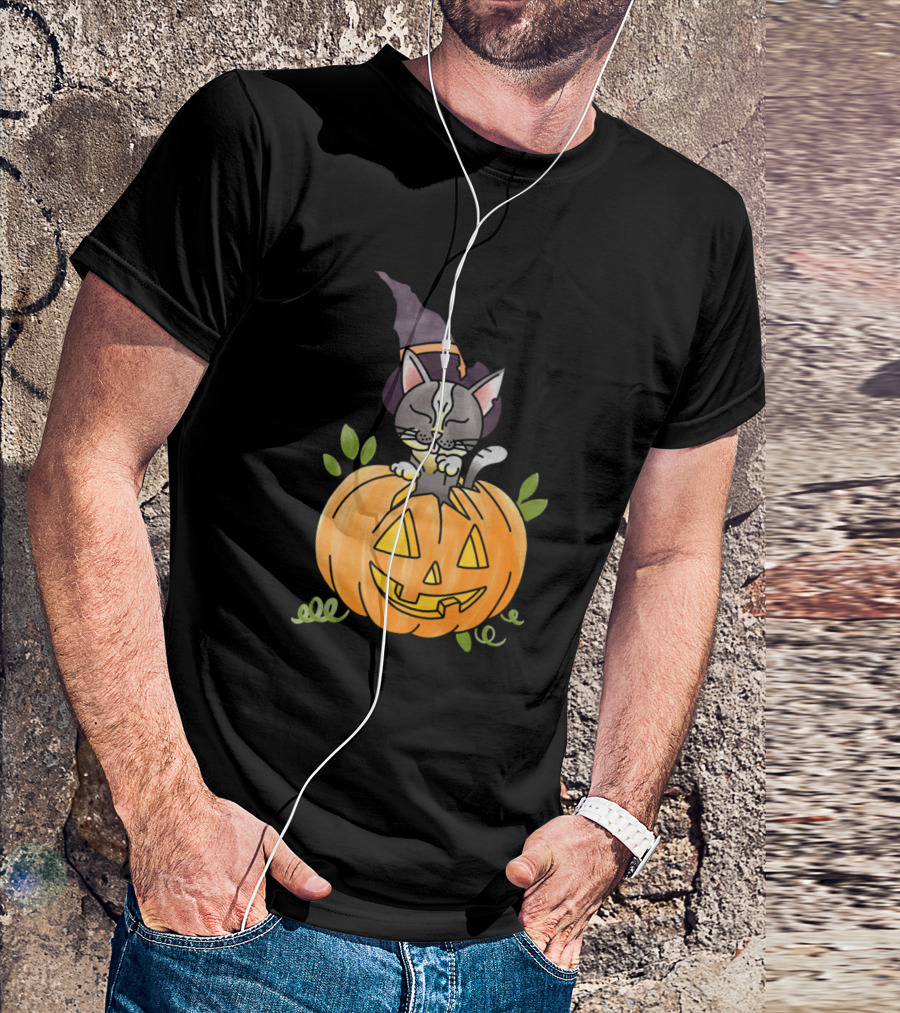 Cats Halloween Kitty Funny Cat Pumpkin Witch Hat T-Shirt