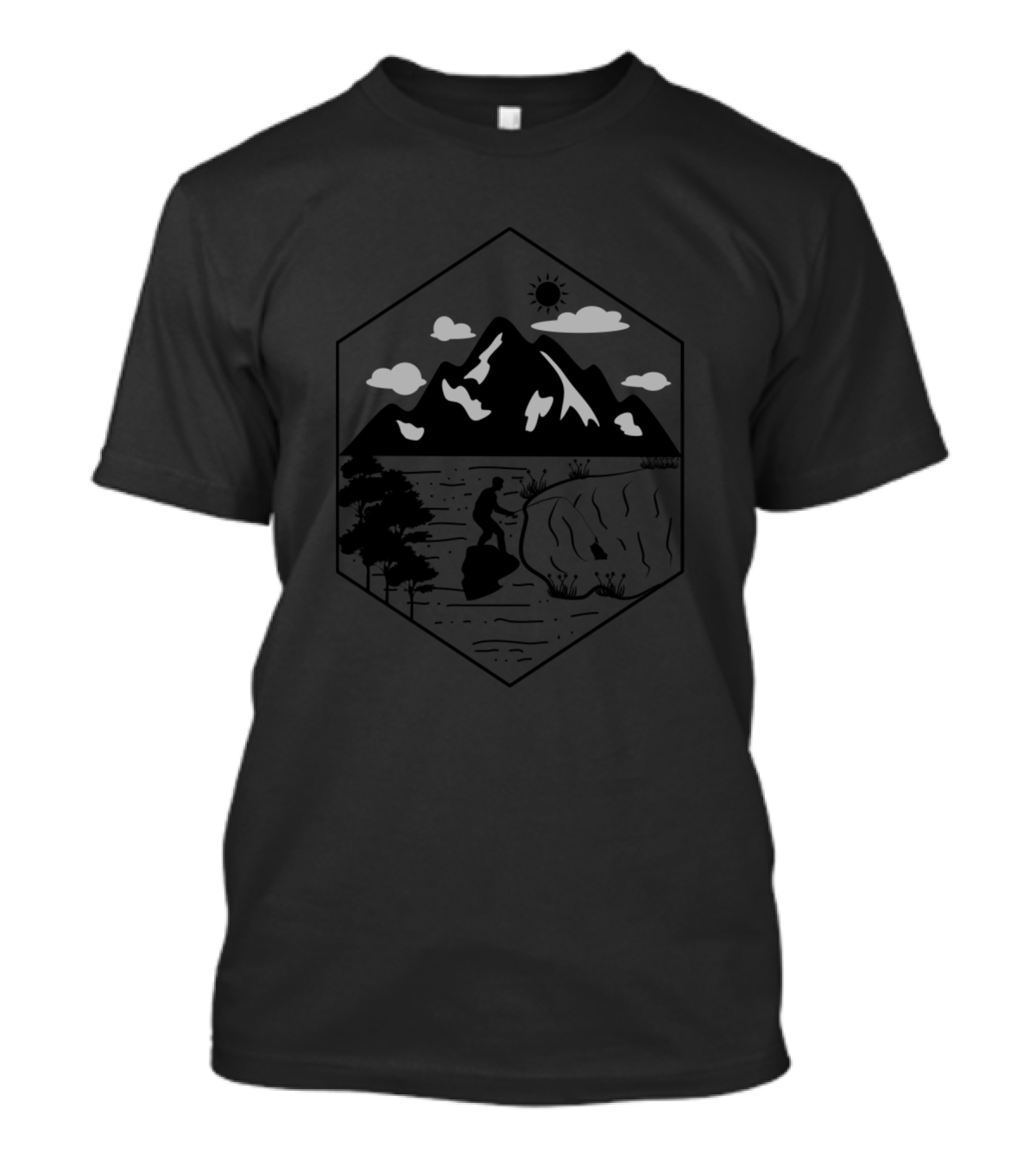 Deer Family In Forest Mountain Scene With Sun Clouds And Climber T-Shirt