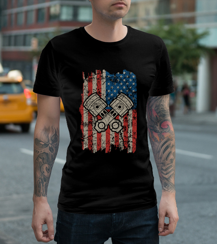 Distressed Vintage American Flag Piston Muscle Car Iconic T-Shirt