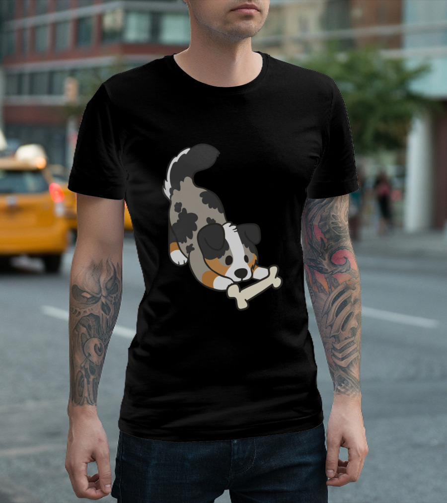 Dogs Australian Shepherd126 Playful Pup with Bone T-Shirt