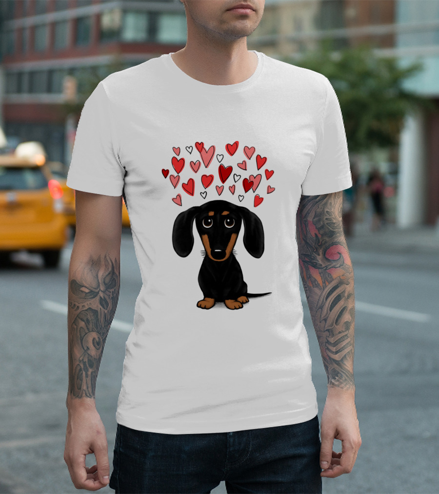 Dogs Black And Tan Dachshund Surrounded By Valentine Hearts T-Shirt