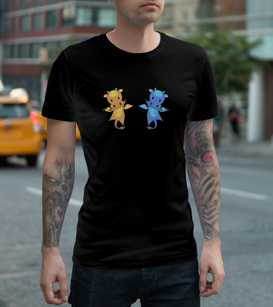 Yellow Blue Dragon Fairy Tale Fantasy Cute Companion Duo T-Shirt
